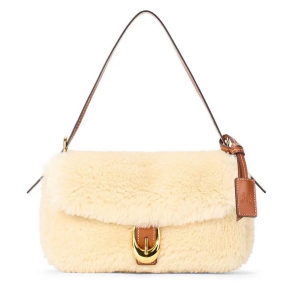 STAUD Handbags - STAUD Cream Shearling Shoulder Bag with Gold Accents